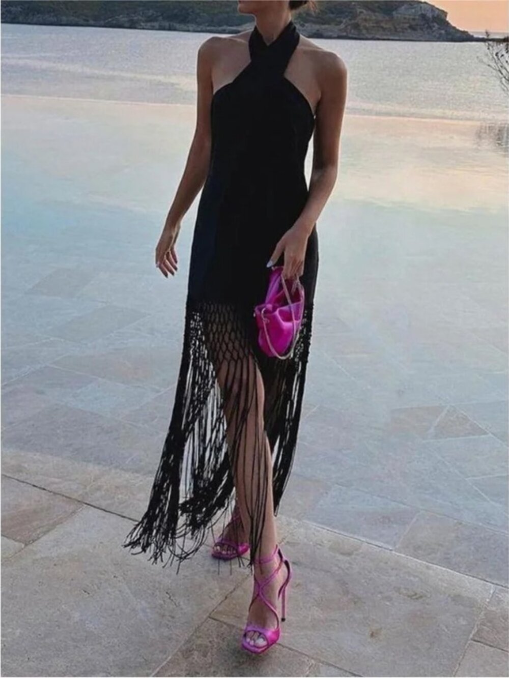 NWT Commense Black Halter Fringe Midi Dress Size XS